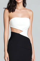 Load image into Gallery viewer, Black and White Cut Out Strapless Long Satin Formal Dress with Slit