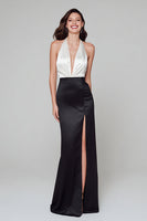 Load image into Gallery viewer, Black and White Satin Halter Long Formal Dress with Slit