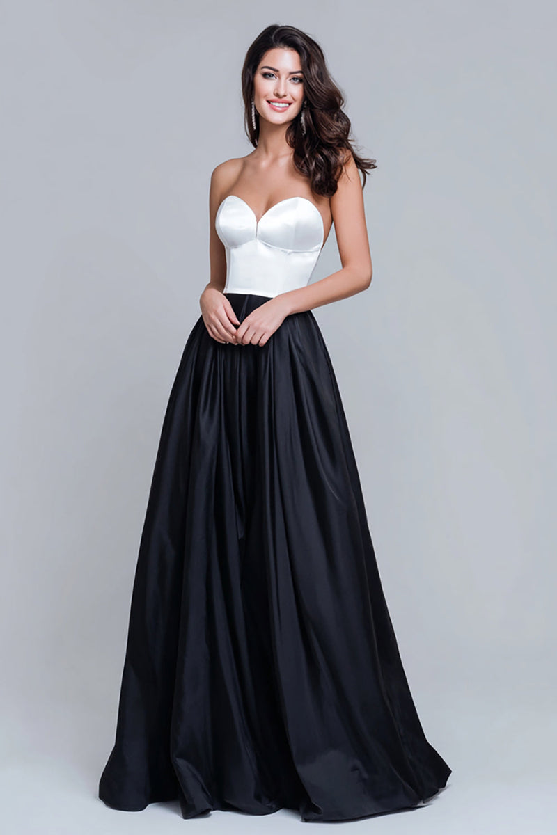 Load image into Gallery viewer, Black and White Satin Sweetheart Long Formal Dress