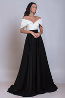 Load image into Gallery viewer, Black and White Off the Shoulder Long Satin Formal Dress