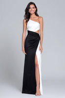 Load image into Gallery viewer, Black and White One Shoulder Long Satin Formal Dress with Slit