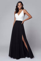 Load image into Gallery viewer, Black and White A Line V-Neck Ruched Long Formal Dress with Slit