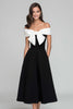 Load image into Gallery viewer, Black and White A Line Off the Shoulder Long Formal Dress with Bow