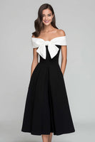 Load image into Gallery viewer, Black and White A Line Off the Shoulder Long Formal Dress with Bow
