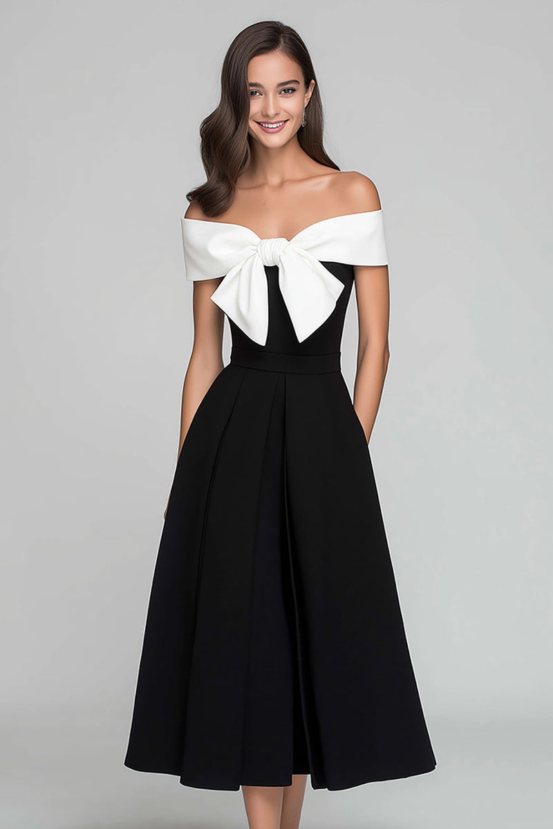Load image into Gallery viewer, Black and White A Line Off the Shoulder Long Formal Dress with Bow