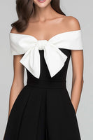 Load image into Gallery viewer, Black and White A Line Off the Shoulder Long Formal Dress with Bow