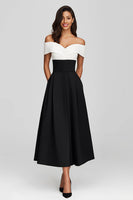 Load image into Gallery viewer, Black and White Off the Shoulder A-Line Tea Length Formal Dress