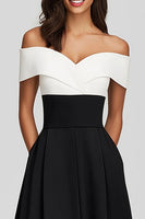 Load image into Gallery viewer, Black and White Off the Shoulder A-Line Tea Length Formal Dress
