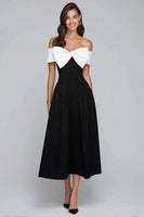 Load image into Gallery viewer, Black and White Off the Shoulder A-Line Tea Length Formal Dress with Bow