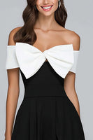 Load image into Gallery viewer, Black and White Off the Shoulder A-Line Tea Length Formal Dress with Bow