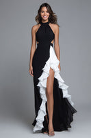 Load image into Gallery viewer, Black and White Halter Cut-Out Long Formal Dress with Ruffles