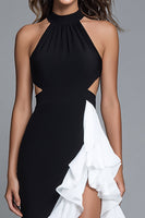 Load image into Gallery viewer, Black and White Halter Cut-Out Long Formal Dress with Ruffles