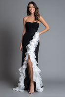 Load image into Gallery viewer, Black and White Sweetheart Ruched Mermaid Long Formal Dress with Ruffles