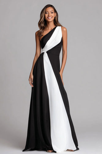 Black and White One Shoulder Ruched A-Line Long Formal Dress