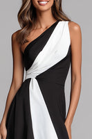 Load image into Gallery viewer, Black and White One Shoulder Ruched A-Line Long Formal Dress