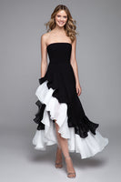 Load image into Gallery viewer, Black and White Strapless A-Line Ruffled Long Formal Dress with Slit
