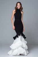 Load image into Gallery viewer, Black and White Mermaid High Neck Ruffled Long Formal Dress