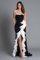 Load image into Gallery viewer, Black and White Mermaid Strapless Ruffled Long Formal Dress with Slit