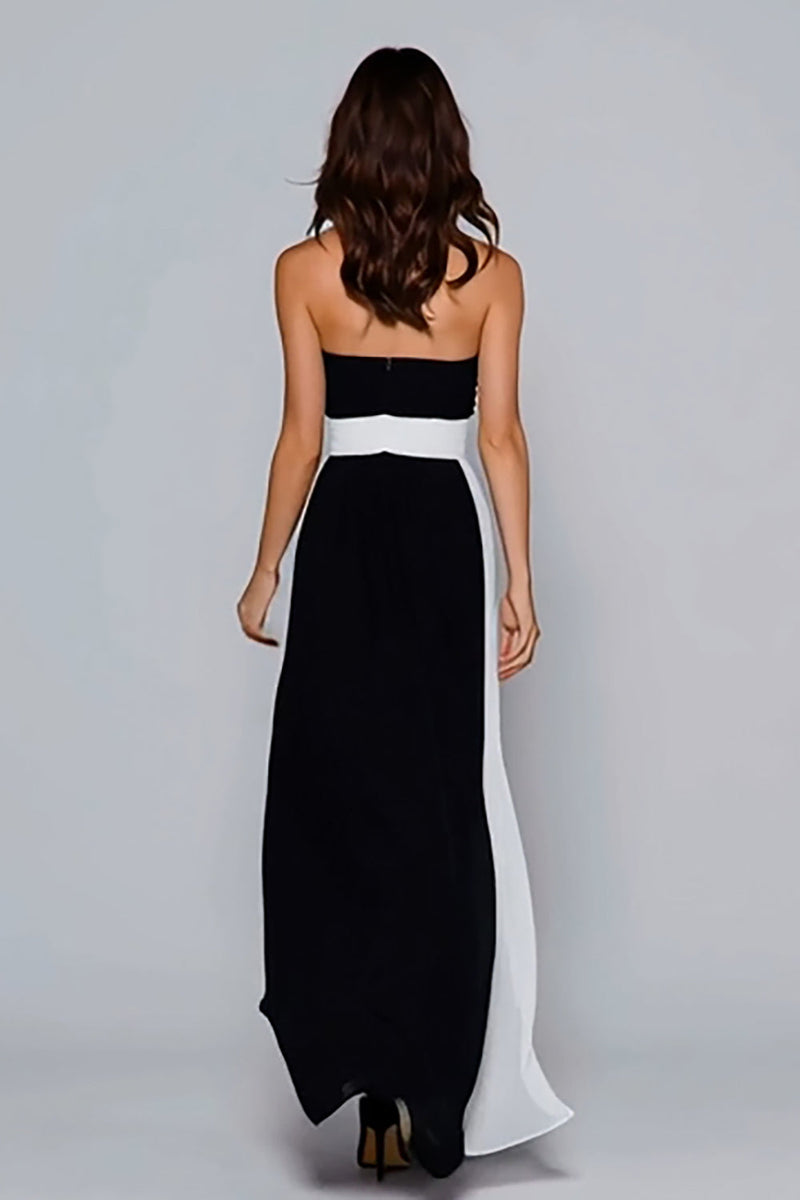 Load image into Gallery viewer, Black and White Strapless Sheath Ruched Long Formal Dress