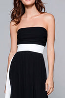 Load image into Gallery viewer, Black and White Strapless Sheath Ruched Long Formal Dress