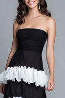 Load image into Gallery viewer, Black and White Sheath Ruffled Strapless Long Formal Dress with Slit