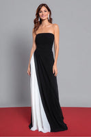 Load image into Gallery viewer, Black and White Sheath Strapless Ruched Long Formal Dress