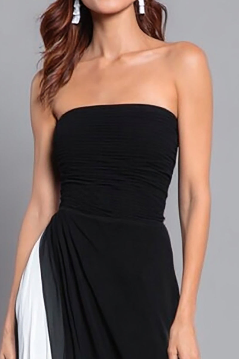Load image into Gallery viewer, Black and White Sheath Strapless Ruched Long Formal Dress