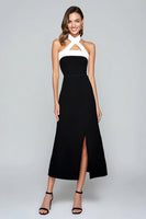Load image into Gallery viewer, Black and White Sheath Halter Tea Length Formal Dress with Slit