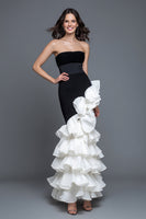 Load image into Gallery viewer, Black and White Mermaid Strapless Ruffled Formal Dress