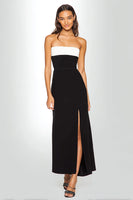 Load image into Gallery viewer, Black and White Strapless Sheath Ankle Length Formal Dress with Slit