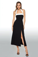 Load image into Gallery viewer, Black and White Sheath Halter Tea Length Formal Dress with Slit