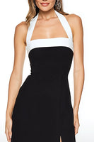 Load image into Gallery viewer, Black and White Sheath Halter Tea Length Formal Dress with Slit