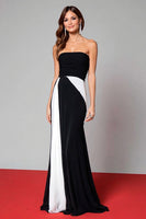 Load image into Gallery viewer, Black and White Ruched Mermaid Strapless Long Formal Dress