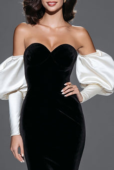 Black and White Mermaid Sweetheart Velvet Long Formal Dress with Sleeves