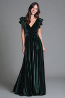 Load image into Gallery viewer, Dark Green V-Neck A-Line Velvet Long Holiday Party Dress with Ruffles