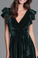 Load image into Gallery viewer, Dark Green V-Neck A-Line Velvet Long Holiday Party Dress with Ruffles
