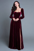 Load image into Gallery viewer, Burgundy Long Sleeves A-Line Velvet Long Holiday Party Dress with Slit