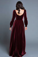 Load image into Gallery viewer, Burgundy Long Sleeves A-Line Velvet Long Holiday Party Dress with Slit