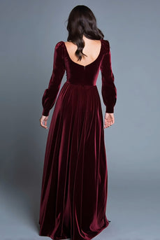 Burgundy Long Sleeves A-Line Velvet Long Holiday Party Dress with Slit