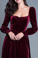Load image into Gallery viewer, Burgundy Long Sleeves A-Line Velvet Long Holiday Party Dress with Slit