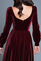 Load image into Gallery viewer, Burgundy Long Sleeves A-Line Velvet Long Holiday Party Dress with Slit