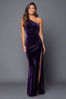 Load image into Gallery viewer, Plum One Shoulder Mermaid Velvet Long Holiday Party Dress with Slit