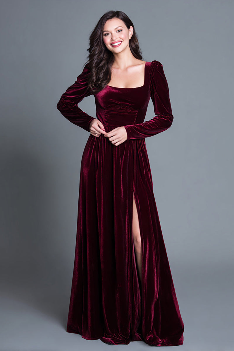 Load image into Gallery viewer, Burgundy A-Line Long Sleeves Velvet Long Holiday Party Dress with Slit