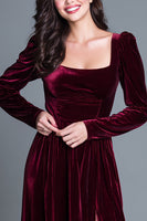 Load image into Gallery viewer, Burgundy A-Line Long Sleeves Velvet Long Holiday Party Dress with Slit