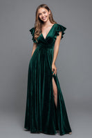 Load image into Gallery viewer, Dark Green V-Neck A-Line Velvet Long Holiday Party Dress with Slit