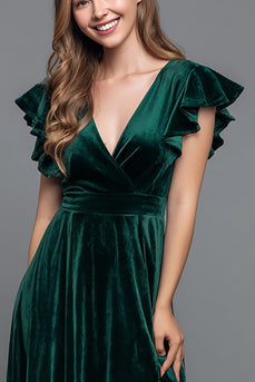 Dark Green V-Neck A-Line Velvet Long Holiday Party Dress with Slit