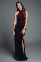 Load image into Gallery viewer, Burgundy Halter Mermaid Velvet Ruched Long Holiday Party Dress with Slit