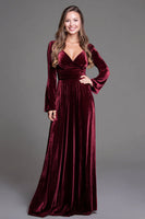 Load image into Gallery viewer, Burgundy Velvet A-Line V-Neck Long Holiday Party Dress with Sleeves