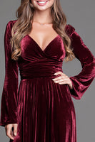 Load image into Gallery viewer, Burgundy Velvet A-Line V-Neck Long Holiday Party Dress with Sleeves