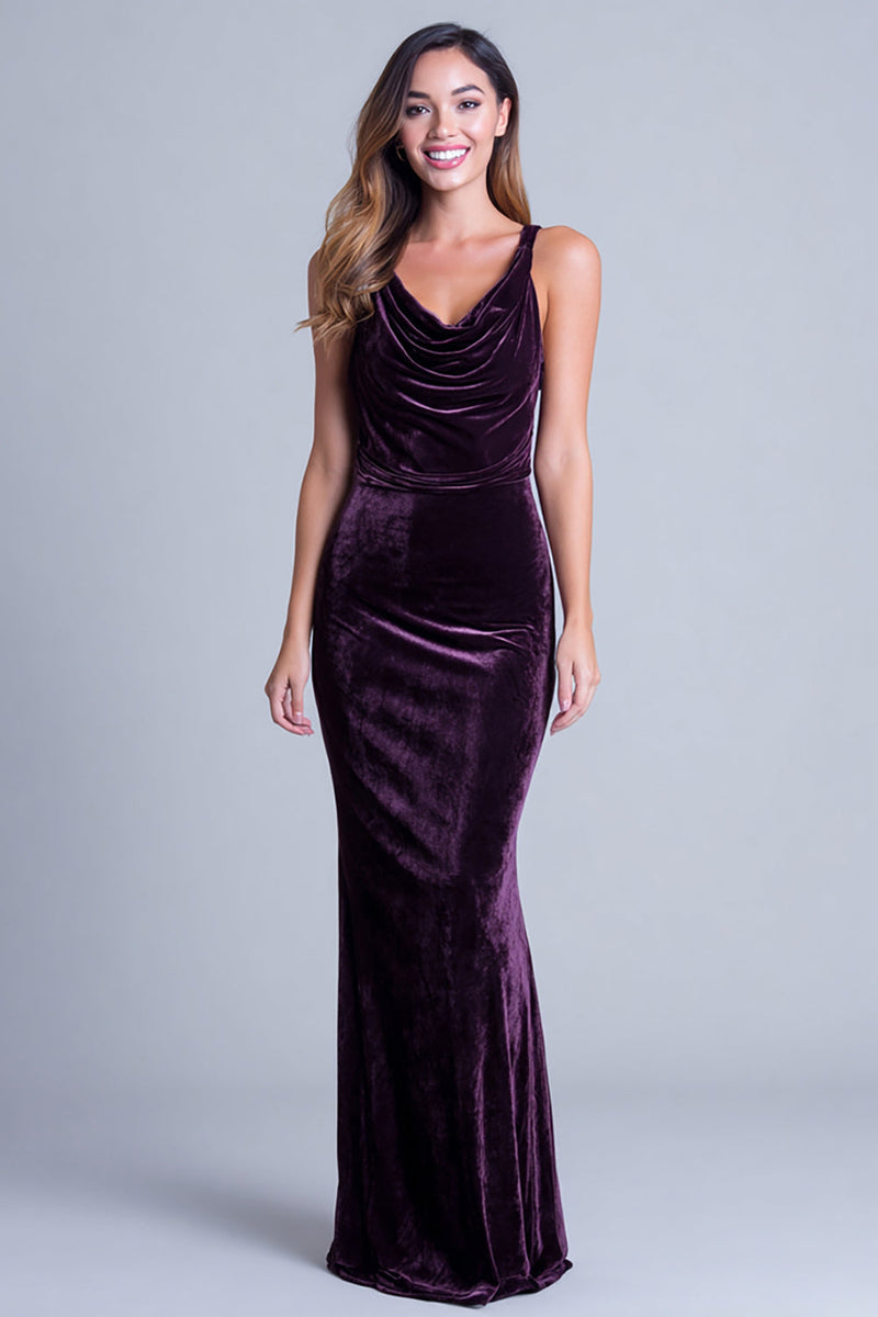 Load image into Gallery viewer, Plum Cowl Neck Mermaid Velvet Long Holiday Party Dress